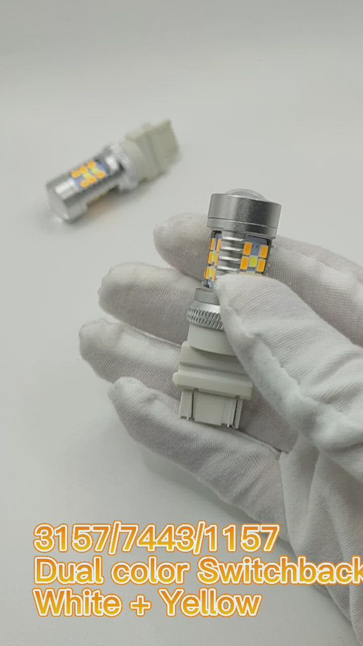 2Pcs 3157 T20 7443 W21/5W W21W LED Canbus Switchback Bulbs For Car DRL Turn Signal Lights Dual Color White and Amber 12V