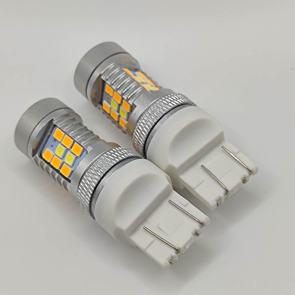 2Pcs 3157 T20 7443 W21/5W W21W LED Canbus Switchback Bulbs For Car DRL Turn Signal Lights Dual Color White and Amber 12V