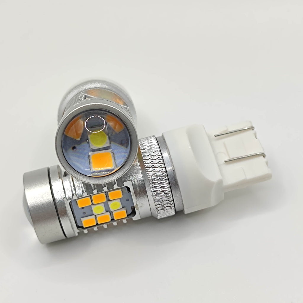 2Pcs 3157 T20 7443 W21/5W W21W LED Canbus Switchback Bulbs For Car DRL Turn Signal Lights Dual Color White and Amber 12V