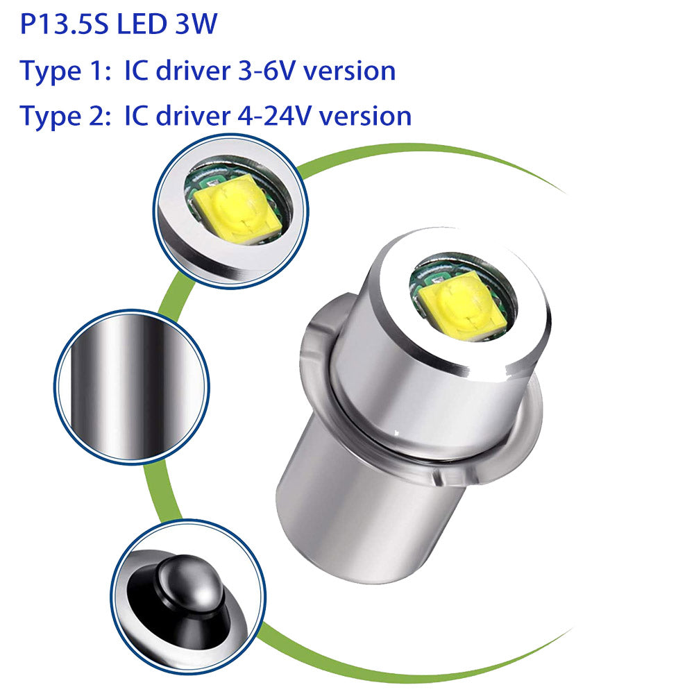 P13.5S LED Bulb 3W 3V 6V 12V 18V 200LM PR2 Maglite Flashlight Replacement Bulb Torches Work Light Lamp