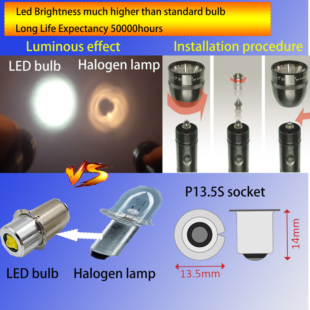 P13.5S LED Bulb 3W 3V 6V 12V 18V 200LM PR2 Maglite Flashlight Replacement Bulb Torches Work Light Lamp