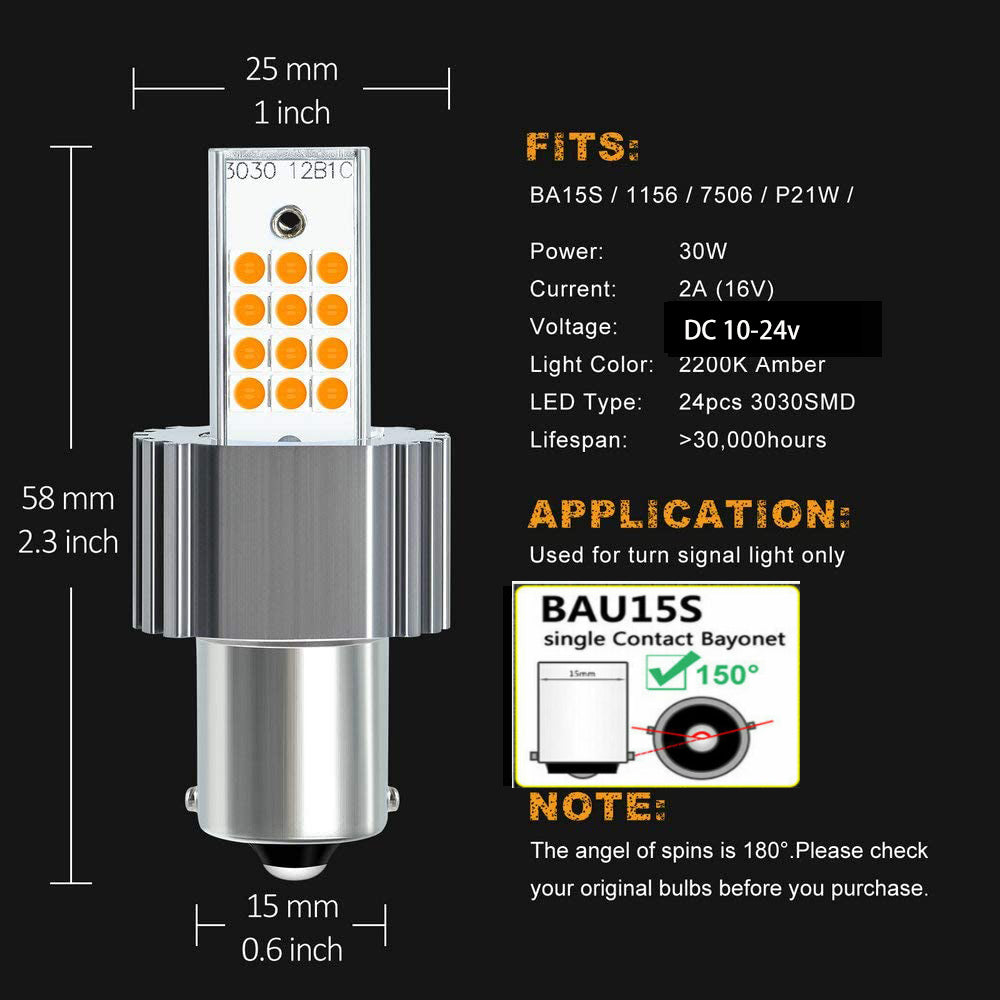 2PCS S25 1156 BA15S P21W BAU15S PY21W LED CANBUS Lamp Bulbs For Turn Signal Light 12V 24V 3030 10-50v No error free
